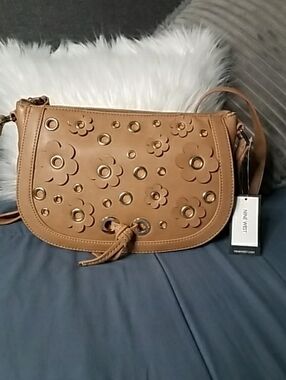 Tan Floral Eyelet Crossbody Bag